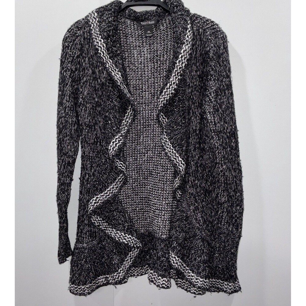 WHBM Black/White Marled Knit Open Cardigan Ruffle Hem Whimsigoth Wool Blend XS